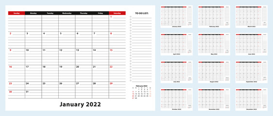 Fototapeta Vector Monthly Desk Pad Calendar, January 2022 - December 2022. Calendar planner with to-do list and place for notes. obraz