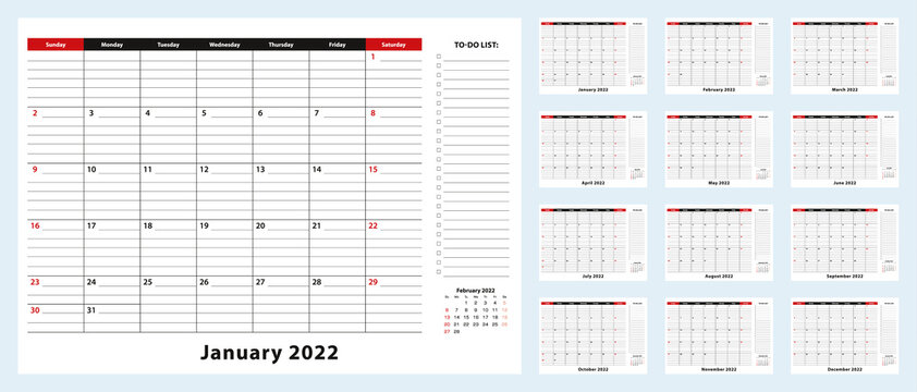 Vector Monthly Desk Pad Calendar, January 2022 - December 2022. Calendar planner with to-do list and place for notes.