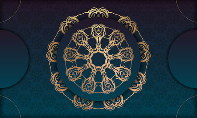 Blue gradient banner with mandala gold ornament for design under your logo