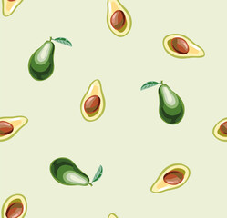 Seamless with whole and sliced avocado fruit on a light background.