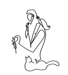 One line drawing of doctor is a veterinarian and  kitten.
One continuous line drawing of veterinary clinic concept.
