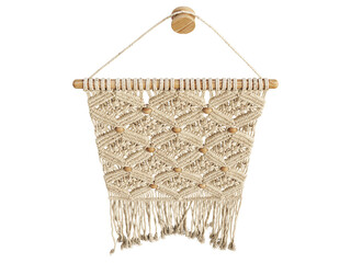Natural woven wall hanging with wooden inserts. 3d render