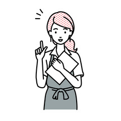 立って書類を手に持って何かひらめいたカフェ店員の女性