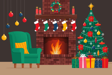 Brick classic fireplace with socks, christmas tree, candle, balls, gifts and wreath. Cozy interior with fireplace and armchair. Сhristmas, New Year holiday. Vector illustration in flat style