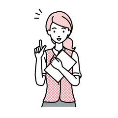 立って書類を手に持って何かひらめいた事務員制服の女性