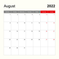 Wall calendar template for August 2022. Holiday and event planner, week starts on Monday.