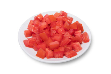 tomato chopped in small cube form in white plate, isolate