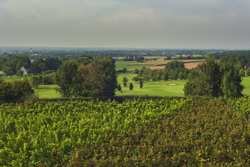 Fototapeta na wymiar Golf course in a rolling rural landscape under a cloudy sky.