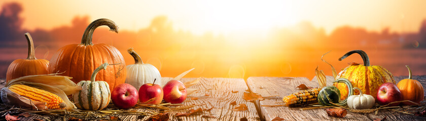 Pumpkins Apples And Corncobs On Wooden Harvest Table With Sunset Background - Thanksgiving And...