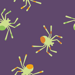 Vector Green Spiders with Orange on Purple seamless pattern background. Perfect for fabric, scrapbooking and wallpaper projects.