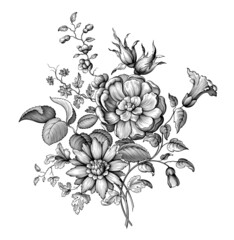 Rose peony flowers Baroque floral Victorian ornament vintage botanical vector illustration engraved spring autumn garden bouquet frame border scroll retro decorative tattoo black and white filigree  - 460649582