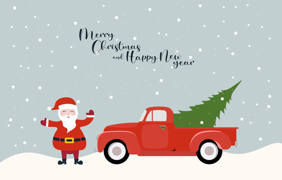 New Year Christmas card Christmas tree in a red car and Santa Claus. Vector illustration