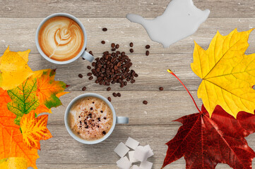 Naklejka na ściany i meble Background of coffee, cappuccino, sugar, milk, cookies on the table. Autumn, fall leaves.