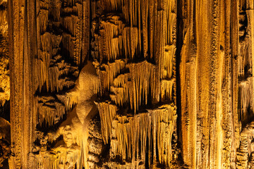 Mighty stalactites and stalagmite form the impressive scenery of the “Cueva de Nerja” dripstone...