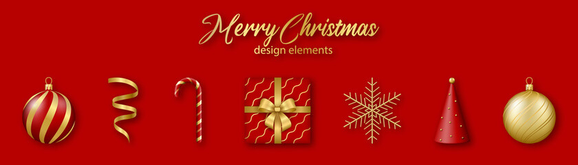 Fototapeta na wymiar Christmas and New Year design elements. Set of gold and red 3d realistic shapes.