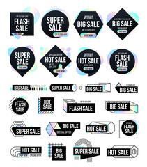 Mega set black banners with dispersion shapes. Trendy banner with rainbow shapes for black friday, season special offer, hot sale and discount. Memphis and hipster style.