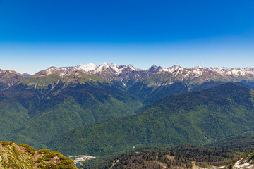 Fototapeta premium View of the Caucasus range from the top of Rosa Peak in Rosa Khutor, Sochi, Caucasus, Russia.