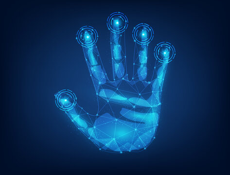 electronic hand scan technology on blue dark background. handprint cyber security. fingerprints identification concept. Biometric authorization wireframe. vector futuristic technology style.