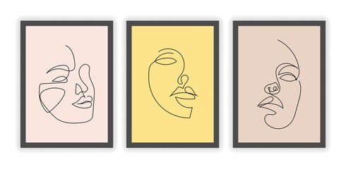 Set with one line female faces on colorful background. Outline woman portrait in profile with geometric shapes and floral elements in a minimalist style. Flat cartoon vector illustration