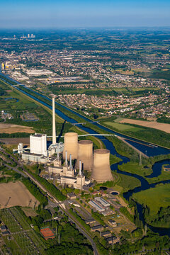 Aerial photo of the power plant and the Lippe river in Hamm and Werne, Ruhrgebiet, Germany