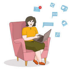 vector illustration of an adult woman sitting in an armchair with a laptop in her hands