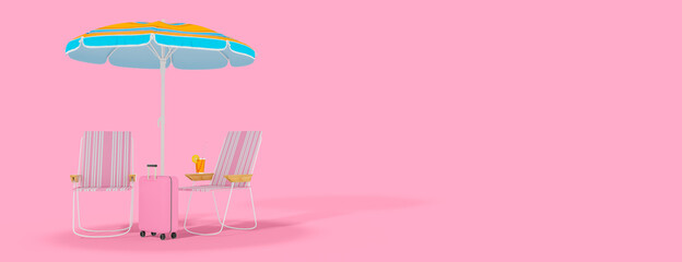 Summer vacation concept. Beach umbrella, chairs and cocktail on pink background with copyspace. 3d rendering