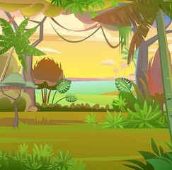 Rainforest leaves. Morning sunrise dawn or evening sunset. Dense thickets. View from jungle forest. Southern Rural Scenery. Illustration in cartoon style flat design. Tropical forest panorama. Vector