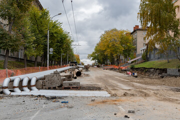 Replacement pipes in the city.Construction of heating mains for municipal infrastructure, the...