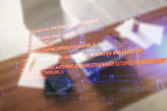 Abstract creative coding illustration and modern desktop with pc on background, software development concept. Multiexposure