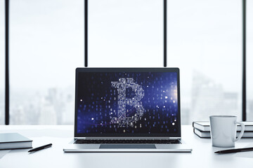 Creative Bitcoin concept on modern laptop screen. 3D Rendering