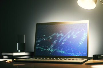 Abstract creative financial graph on modern laptop screen, forex and investment concept. 3D Rendering