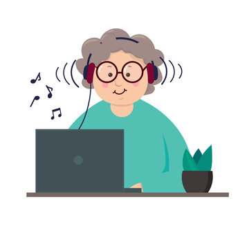 Happy grandma at laptop listening to music. Illustration of an elderly woman at the computer