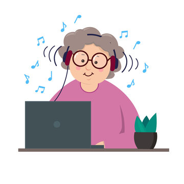 Happy grandma at laptop listening to music. Illustration of an elderly woman at the computer