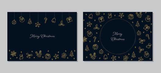 Fototapeta na wymiar クリスマスのデザインフレーム　二点セット　ネイビーの背景にゴールドのイラスト