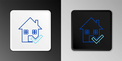 Obraz premium Line House with check mark icon isolated on grey background. Real estate agency or cottage town elite class. Colorful outline concept. Vector