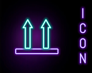 Glowing neon line This side up icon isolated on black background. Two arrows indicating top side of packaging. Cargo handled so these arrows always point up. Colorful outline concept. Vector