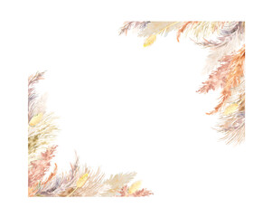 Pampas grass border painted in watercolor. Boho floral neutral colors frame. Botanical boho arrangement isolated on white. Bohemian style wedding invitation, greeting, card, stickers, scrapbooking