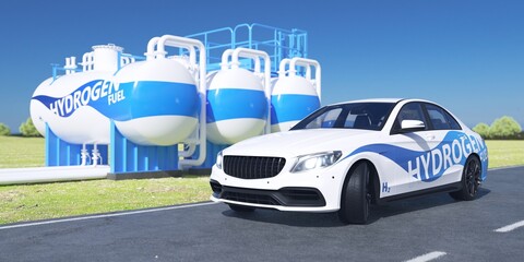 Hydrogen car parked with hydrogen tanks. 