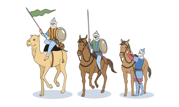 Set of islamic knights. Middle Ages, past, picture. Men with sabers ride horses, attacking enemy, Defense of their lands, cavalry, army. Cartoon flat vector illustration isolated on white background