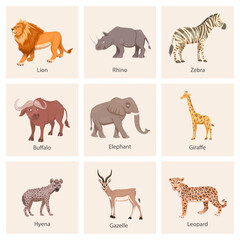 Fototapeta premium African Savannah Wild Animal Set. Lion, Rhino, Zebra, Buffalo, Giraffe, Flamingo, Leopard, Gazelle, Elephant, Hyena. Flat Vector Illustration. Animals of Africa. Savannh Safari Concept