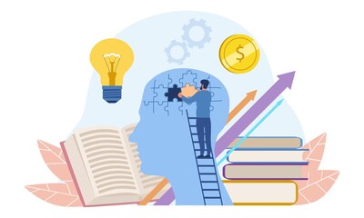 Upskilling learn concept. Workshop, master class, training concept. Man collects head from puzzles. Birth of new ideas, making money. Cartoon flat vector illustration isolated on white background