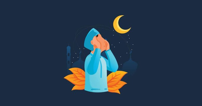 Animation - motion graphic- A Man is doing Adzan at night, A call For Muslim To Pray  during Ramadan - vector illustration