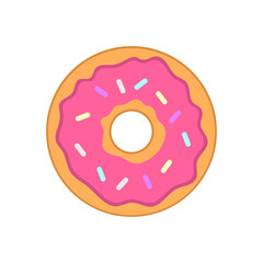 delicious cute donut with pink glazed fudge on a white isolated background. vector icon, one donut sign. confectionery sweet product drawn in a flat style