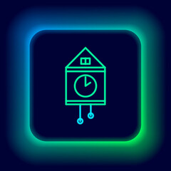 Glowing neon line Retro wall watch icon isolated on black background. Cuckoo clock sign. Antique pendulum clock. Colorful outline concept. Vector