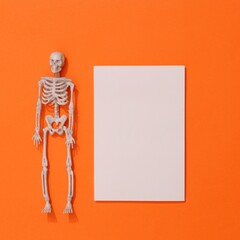 White Vertical card Mockup. Styled Stock Photography. Halloween concept with stylish details skeleton