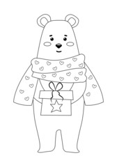 Cute polar bear in a red scarf and a gift in hand (Coloring, lineart)