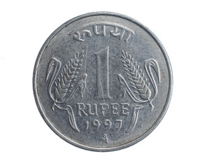 India one rupee coin on a white isolated background