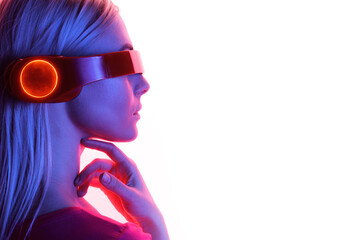 Double exposure of woman and futuristic holographic interface to display data. Female in futuristic costume using VR helmet. Augmented reality, future technology, game concept. White background.