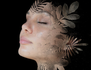 Paintography. The beauty of the girl is highlighted by hand drawn leaves and flowers