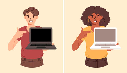 Man and woman pointing finger at laptop. Modern technologies, pictures for online store, sale of devices. Happy people point to blank screen. Cartoon vector illustration isolated on yellow background